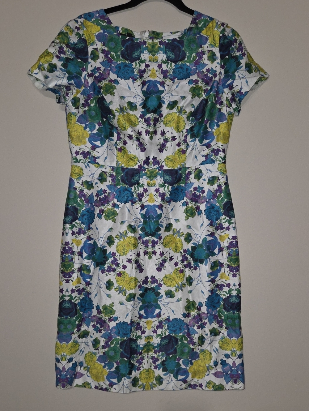 Talbots White Floral Sheath Dress with Blue, Green & Yellow Print